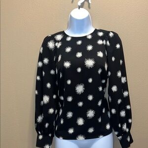 Who What Wear Women's Black and White Dandelion Dots Blouse Long Sleeve SZ S